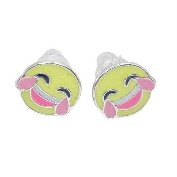Tears of Joy Emoji Stud Earring Set 925 Sterling Silver Push Back Epoxy - Picture 1 of 4